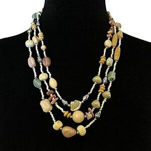 Smithsonian Beaded Necklace Dangle Earrings Set Vintage Natural Stone Wood Mixed